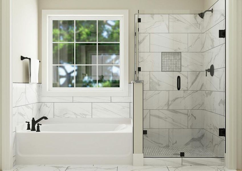 Rendering of master bathroom showing a
  white soaking tub next to a large shower.