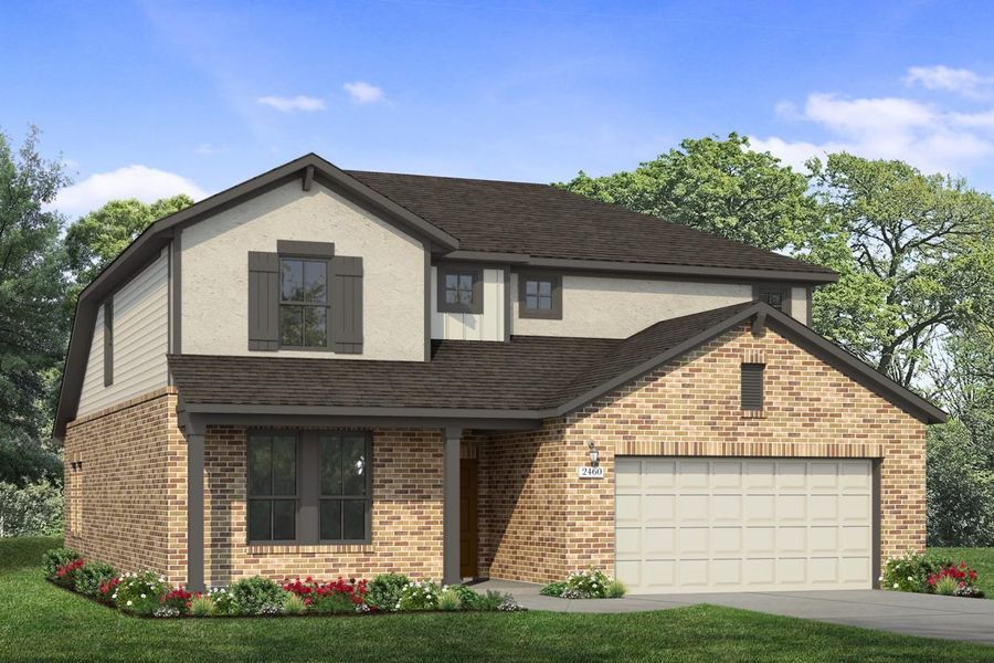 Rendering of two story home with two-tone tan stucco, siding, accents, and garage, with orange tone brick, driveway, and landscaping Rendering of two story home with two-tone tan stucco, siding, accents, and garage, with orange tone brick, driveway, and landscaping