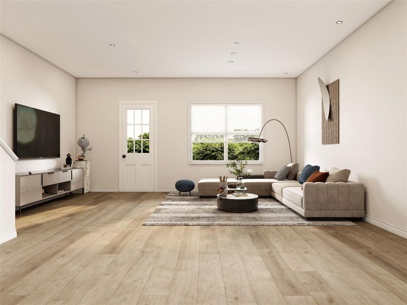 The living room offers lots of natural light and direct access to the backyard. Example photo, virtually staged