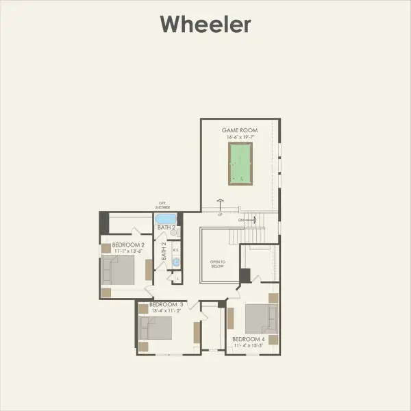 2D floor plan layout for the Wheeler by Pulte Homes in Spring Branch Preserve, Montgomery, TX (Image 3).