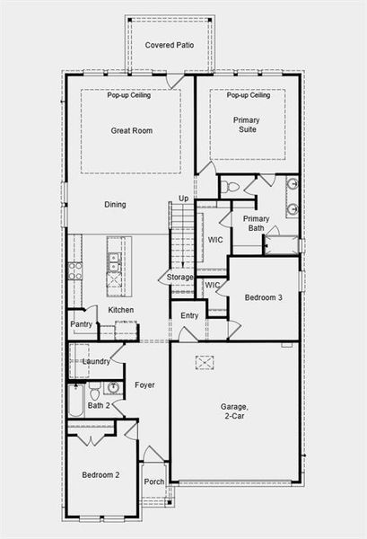First Floor Plan - Additional Highlights Include: 12" pop-up ceiling at great room and primary suite, covered patio, gas drop at patio, whole house blinds, GE top load washer and dryer, GE energy-star refrigerator, and RevWood flooring at main living area