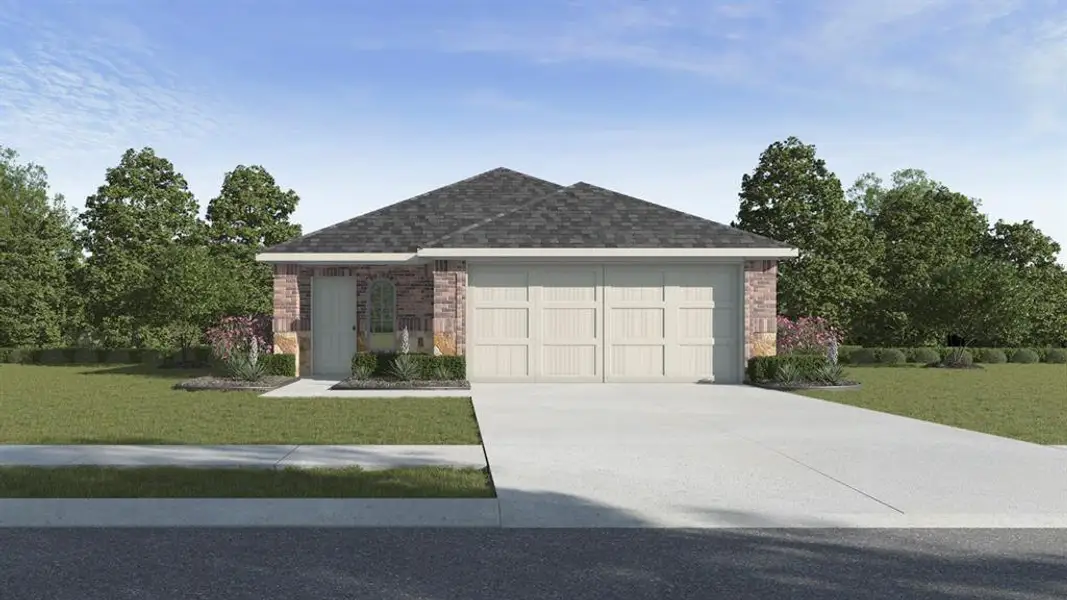 Brick and siding exterior featuring a dark shingle roof, an attached two-car garage, concrete driveway, and front landscaping Brick and siding exterior featuring a dark shingle roof, an attached two-car garage, concrete driveway, and front landscaping