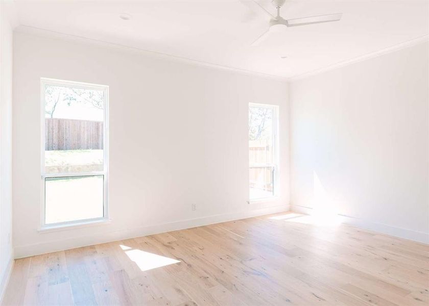 Spare room featuring ceiling fan, light hardwood / wood-style flooring, and crown molding