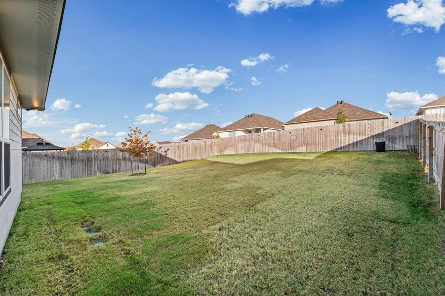 Fenced backyard with a residential view Fenced backyard with a residential view