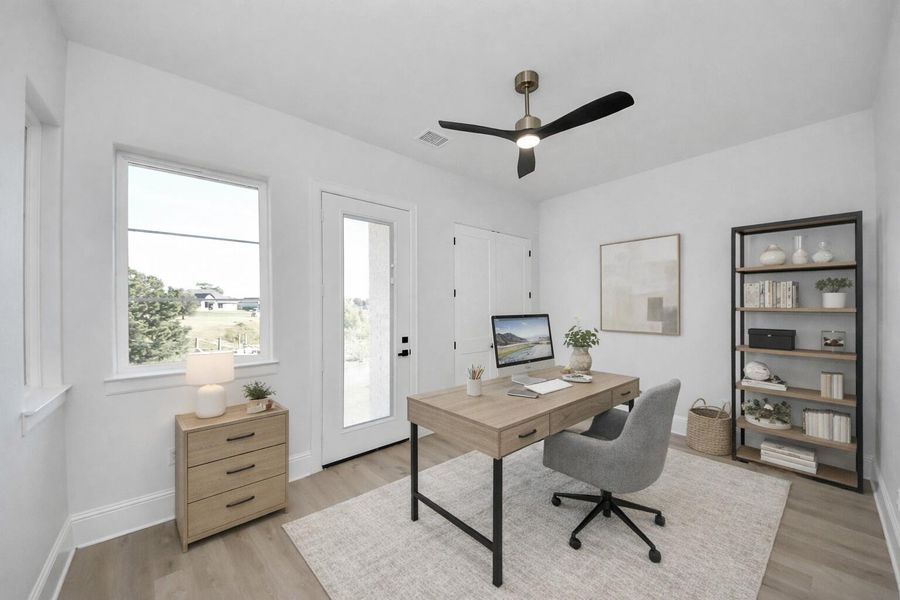 Virtually Staged office in the back of the home but could also be utilized as a secondary bedroom. The door leads to the patio that overlooks the canal and has private entry to bathroom. Virtually Staged office in the back of the home but could also be utilized as a secondary bedroom. The door leads to the patio that overlooks the canal and has private entry to bathroom.