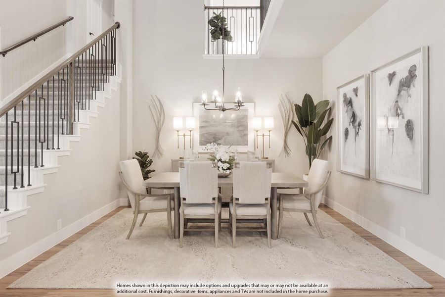 Formal dining room with six-chair table, chandelier, high ceilings, and staircase alongside hardwood floors.