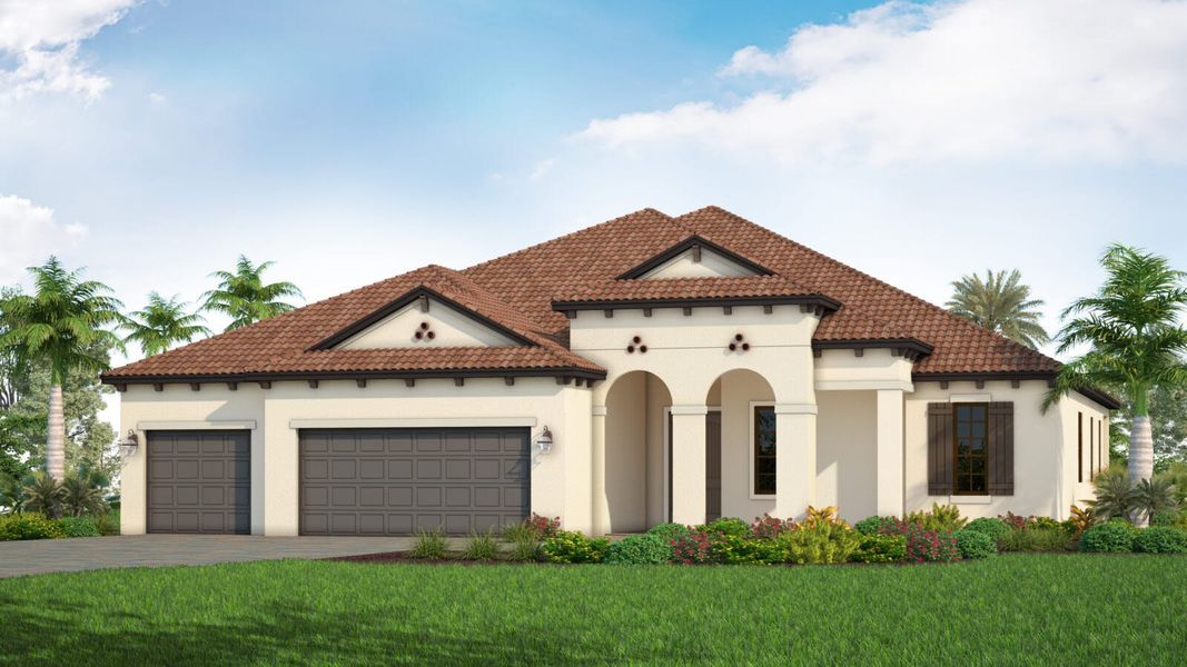 Front exterior of a new home in SkySail Real Estate and Homes for Sale in Naples, FL - Neal Communities, Naples, FL, highlighting curb appeal (Image 19). Front exterior of a new home in SkySail Real Estate and Homes for Sale in Naples, FL - Neal Communities, Naples, FL, highlighting curb appeal (Image 19).