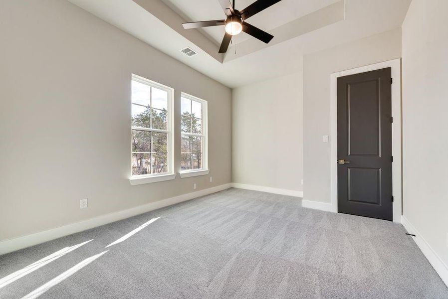 Carpeted spare room with ceiling fan and a tray ceiling