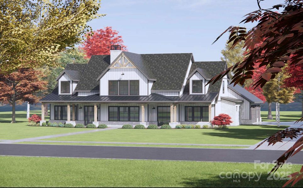 Proposed home features a steeply pitched, charcoal-colored architectural shingle roof adds character and dimension. The metal accent roofing over the porch enhances the farmhouse charm.