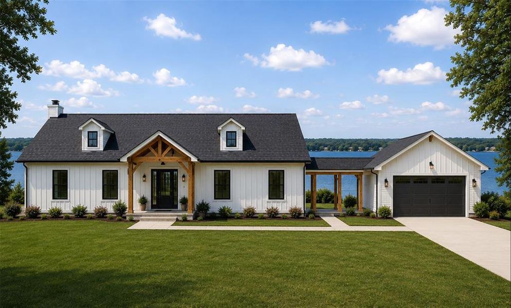 Modern farmhouse exterior featuring white board and batten siding, a dark asphalt shingle roof, and black-framed windows