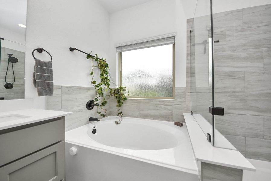 View of the primary bathroom garden tub.