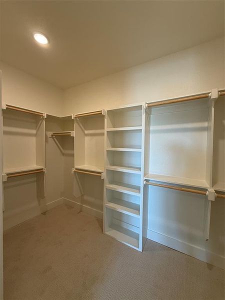 Walk in closet with light carpet off the primary bathroom