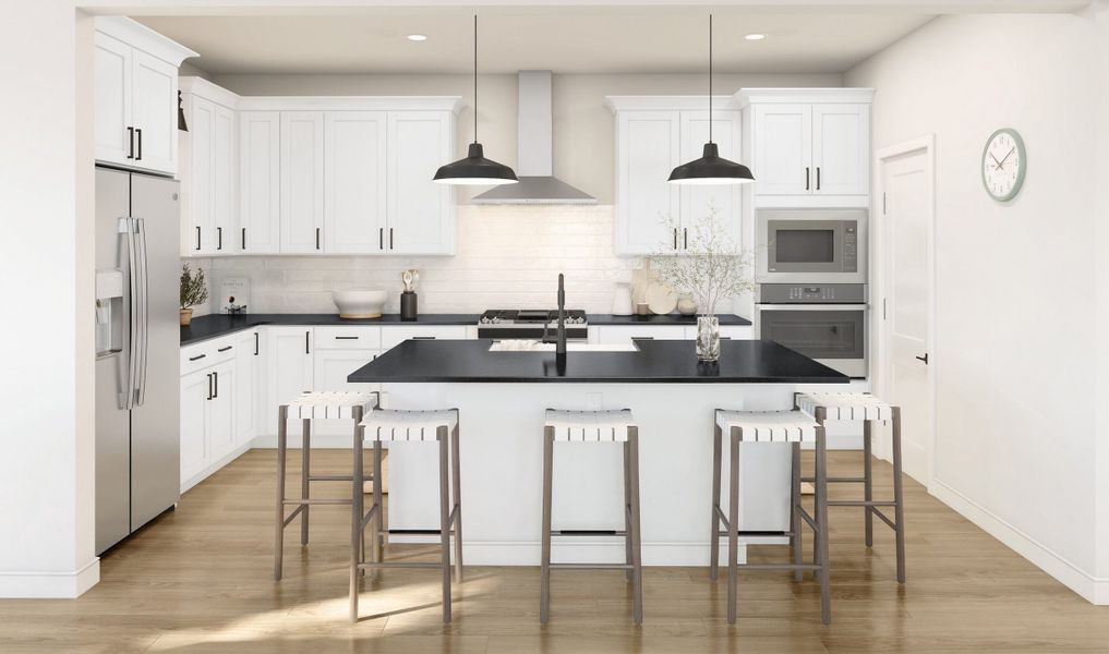 Kitchen with pendant lighting and floating shelves