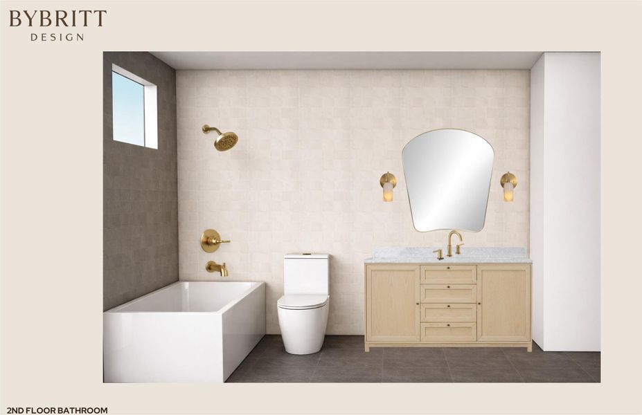 Bathroom featuring a light wood-finish vanity with a stone countertop and an organic-shaped mirror