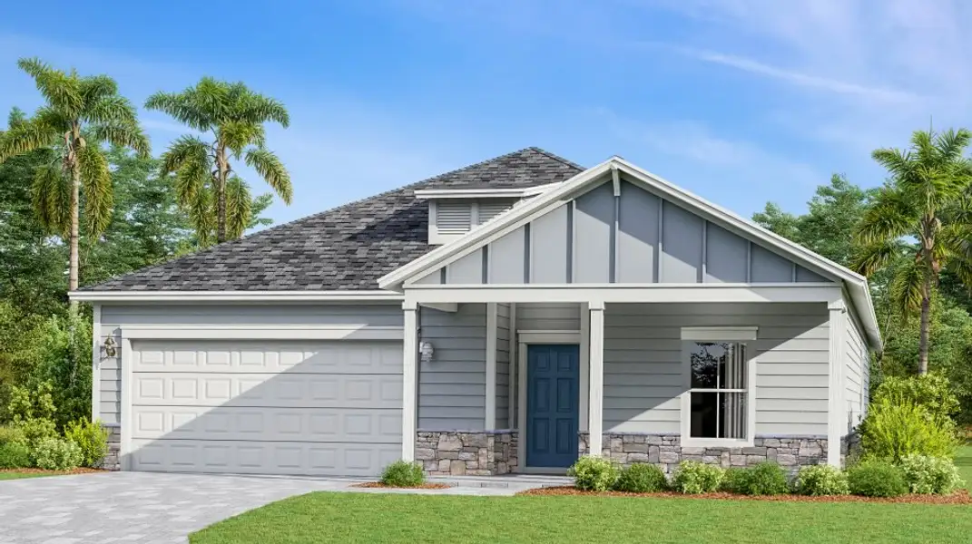 Front exterior of a new home in Shearwater, St. Augustine, FL, highlighting curb appeal (Image 1). Front exterior of a new home in Shearwater, St. Augustine, FL, highlighting curb appeal (Image 1).