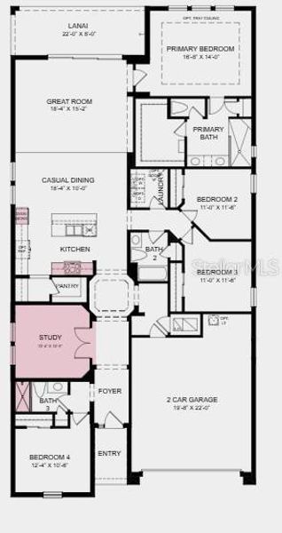 2D floor plan layout of this home in The Waters at Center Lake Ranch, St. Cloud, FL (Image 2).
