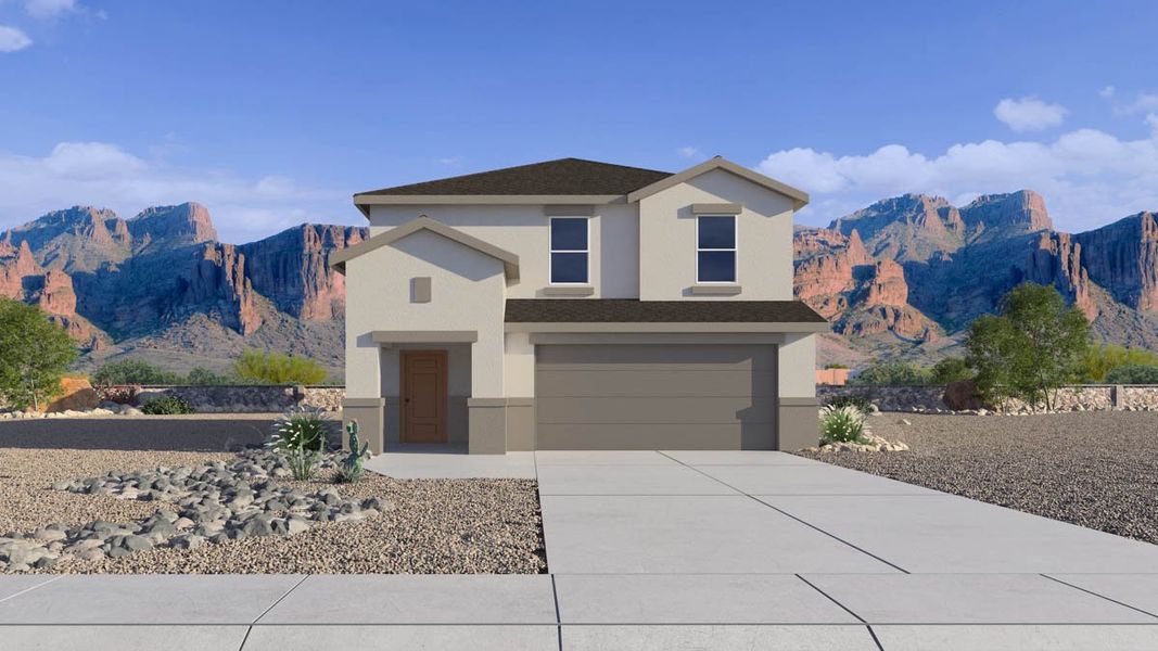 Front exterior of a new home in Elena Trails, Maricopa, AZ, highlighting curb appeal (Image 1). Front exterior of a new home in Elena Trails, Maricopa, AZ, highlighting curb appeal (Image 1).