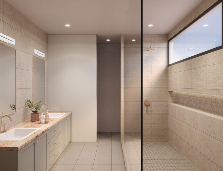 Full bathroom with tile patterned floors, a sink, recessed lighting, and a walk in shower