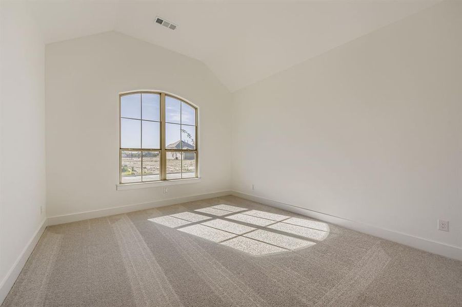 Spare room featuring light colored carpet and lofted ceiling Spare room featuring light colored carpet and lofted ceiling