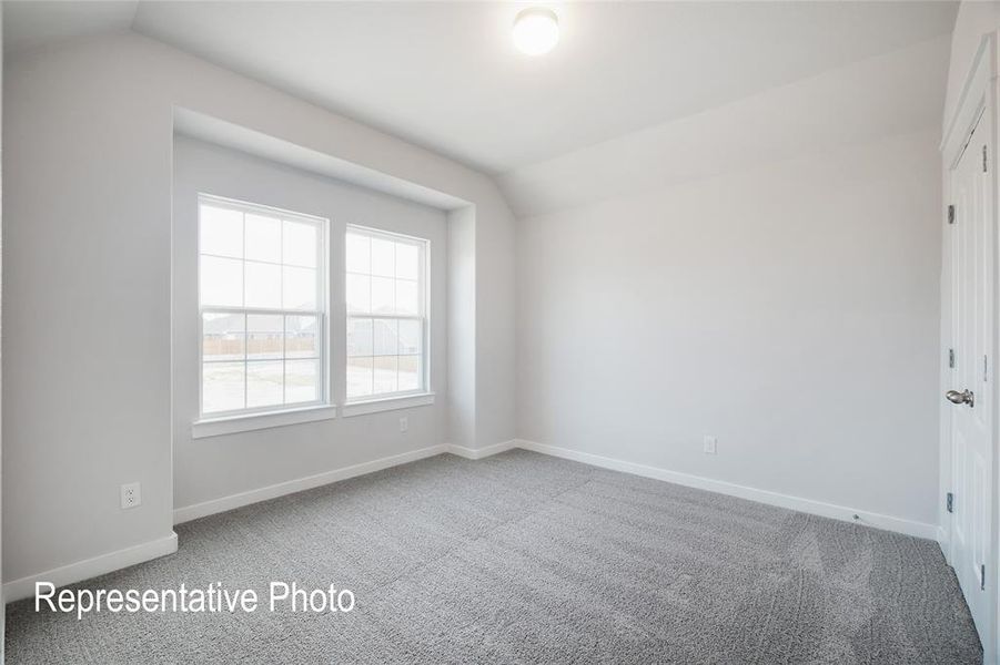 Empty room featuring carpet floors and vaulted ceiling