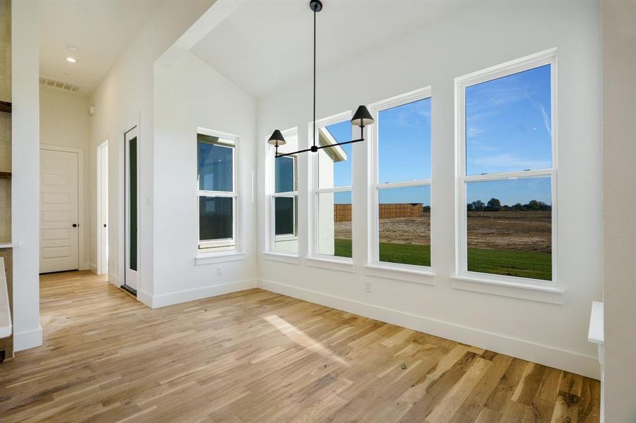 Unfurnished dining area featuring light hardwood / wood-style flooring and vaulted ceiling