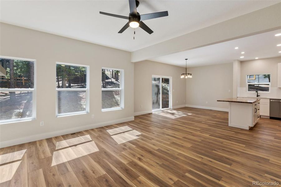 Kitchen, family and dining room