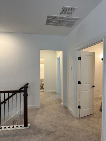 Carpeted hallway with white walls and trim, featuring a dark wood newel post and wrought iron balusters Carpeted hallway with white walls and trim, featuring a dark wood newel post and wrought iron balusters