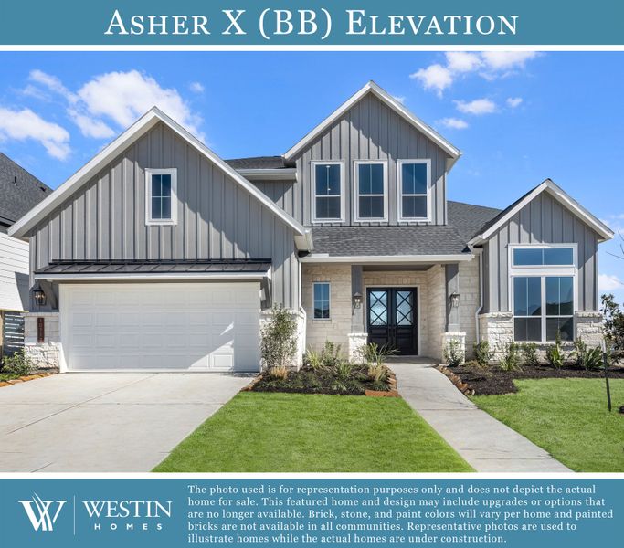 Representative exterior photo of a completed home built from the The Asher X by Westin Homes in Austin Point, Richmond, TX (Image 21). Representative exterior photo of a completed home built from the The Asher X by Westin Homes in Austin Point, Richmond, TX (Image 21).