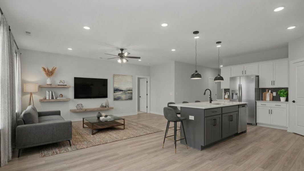 Virtually staged kitchen and gathering room