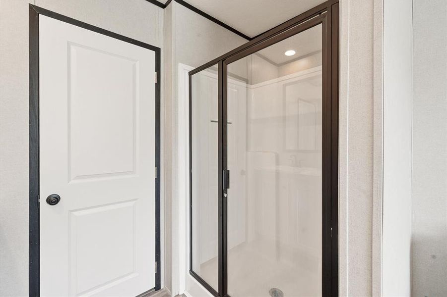 Shower enclosure with dark-framed glass door Shower enclosure with dark-framed glass door