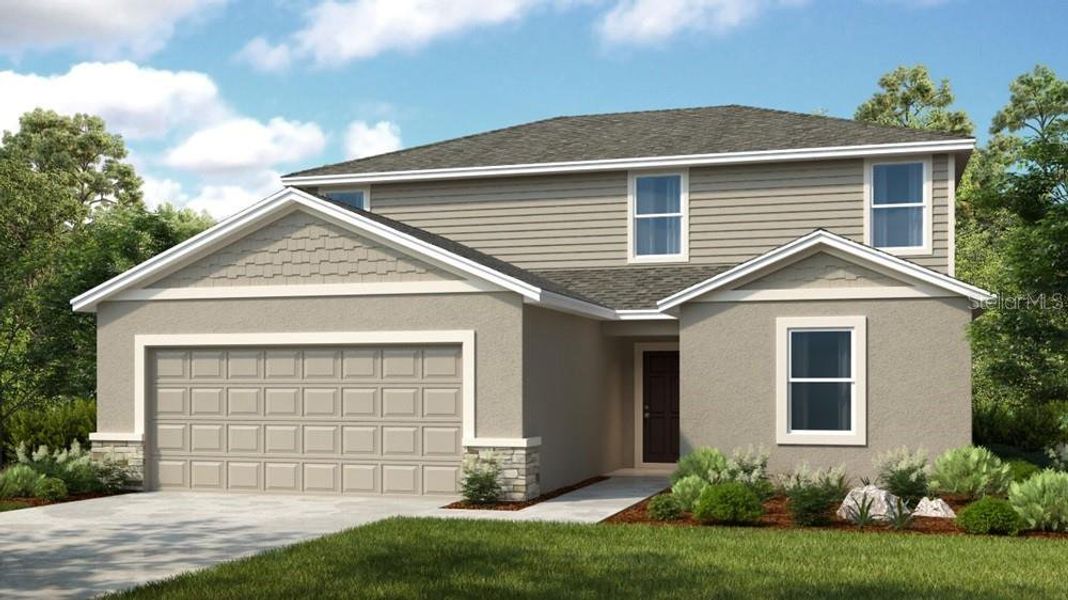 Front exterior of a new home in Waterstone, Groveland, FL, highlighting curb appeal (Image 1). Front exterior of a new home in Waterstone, Groveland, FL, highlighting curb appeal (Image 1).