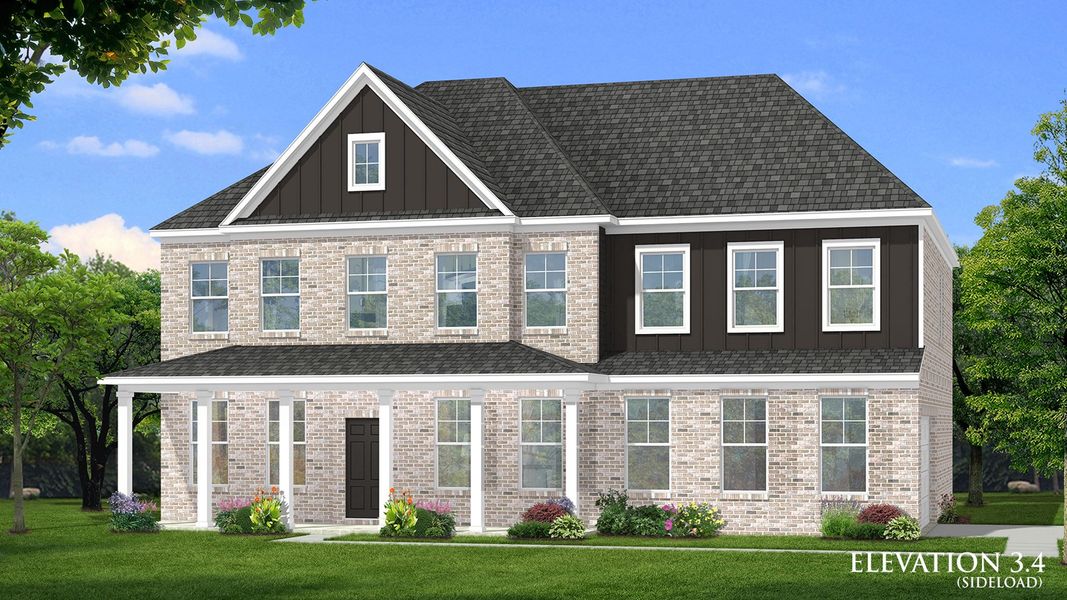 Front exterior of a new home in Cambria at Traditions, Hampton, GA, highlighting curb appeal (Image 2). Front exterior of a new home in Cambria at Traditions, Hampton, GA, highlighting curb appeal (Image 2).