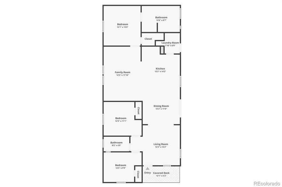 Floor Plan – A well-designed single-level layout featuring three bedrooms, two full baths, and a spacious flow between the living, dining, and kitchen areas.