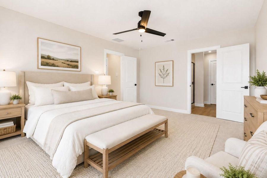 This primary bedroom photo has been virtually staged.