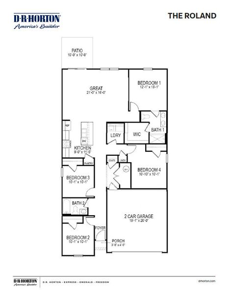 2D floor plan layout for the Roland by D.R. Horton in Huntington Estates, Millington, TN (Image 2).