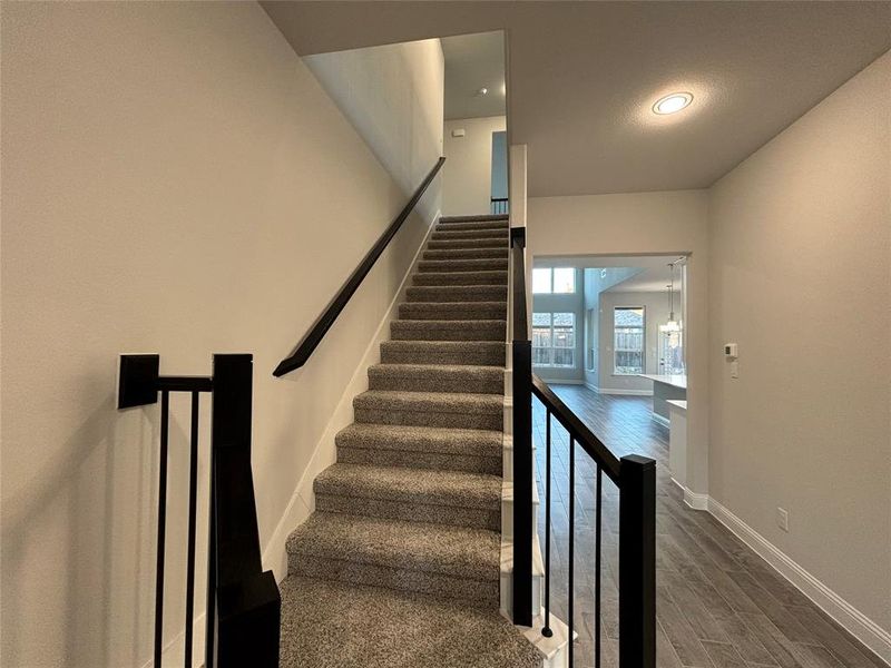 Stairs featuring hardwood / wood-style floors