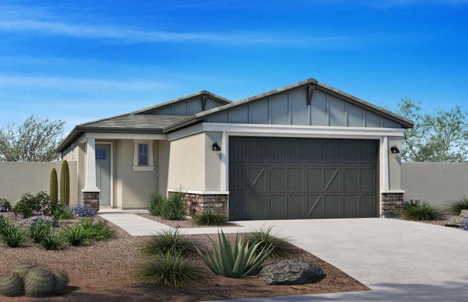 Representative exterior photo of a completed home built from the 1405 by Homes by Towne in Beacon Hill at Marley Park, Surprise, AZ (Image 6). Representative exterior photo of a completed home built from the 1405 by Homes by Towne in Beacon Hill at Marley Park, Surprise, AZ (Image 6).