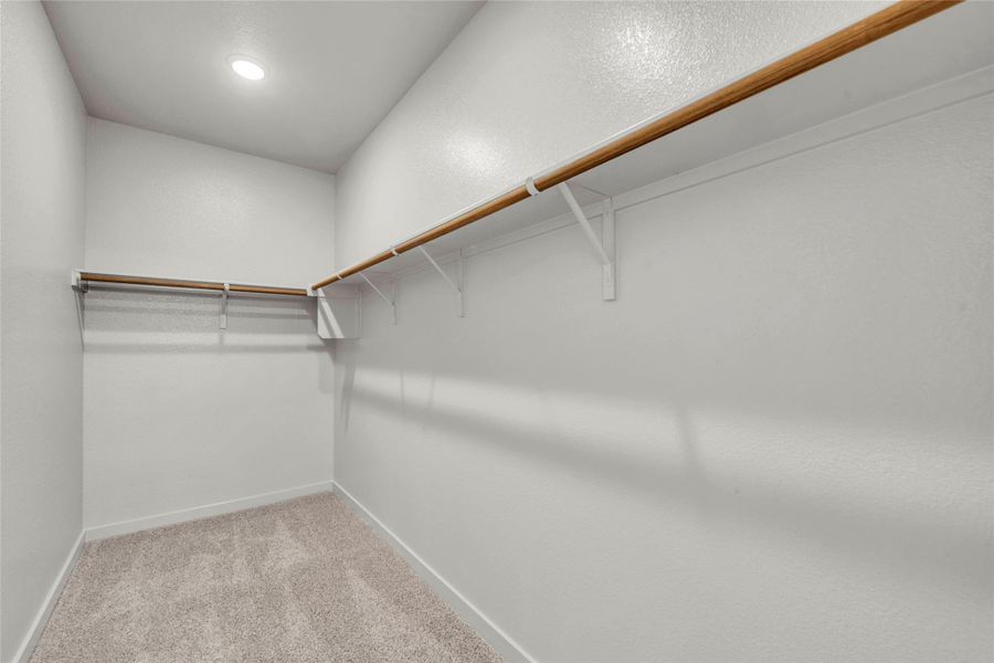 Walk in closet with light colored carpet