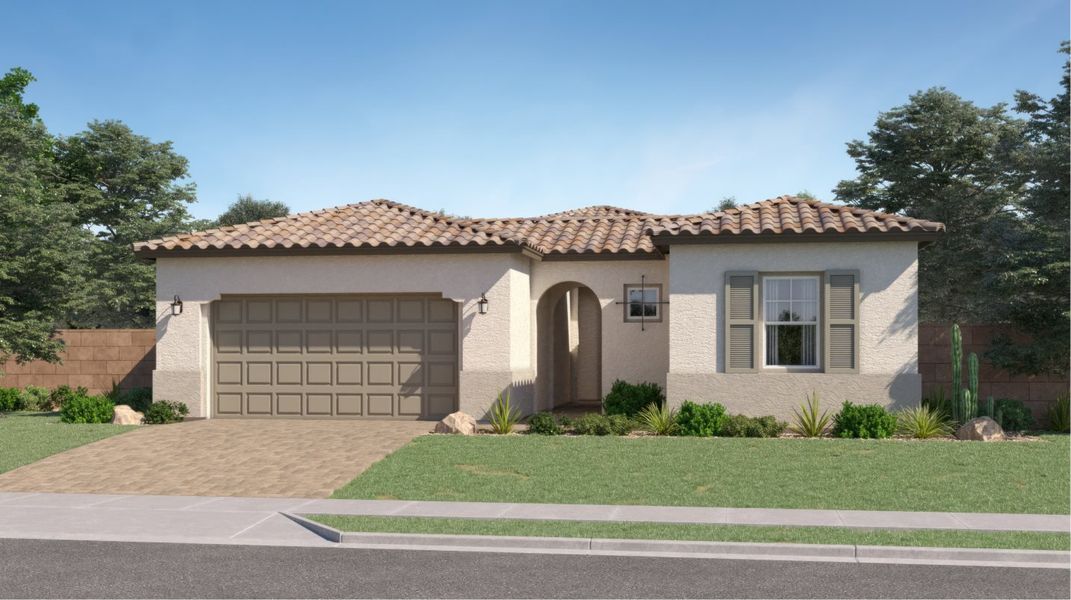 Front exterior of a new home in Ventana Ranch, Buckeye, AZ, highlighting curb appeal (Image 1). Front exterior of a new home in Ventana Ranch, Buckeye, AZ, highlighting curb appeal (Image 1).