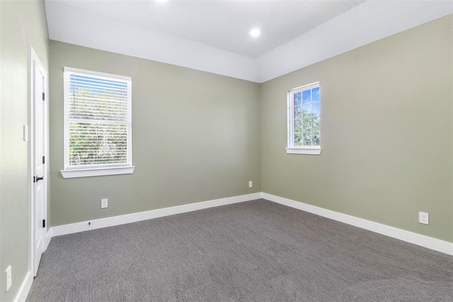 This room features soft green walls, neutral carpeting, and two windows that provide natural light. It has a simple, clean design with white trim and a door, making it versatile for various uses.