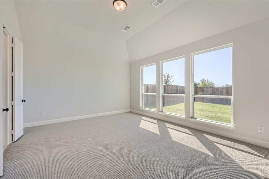 Carpeted spare room with lofted ceiling