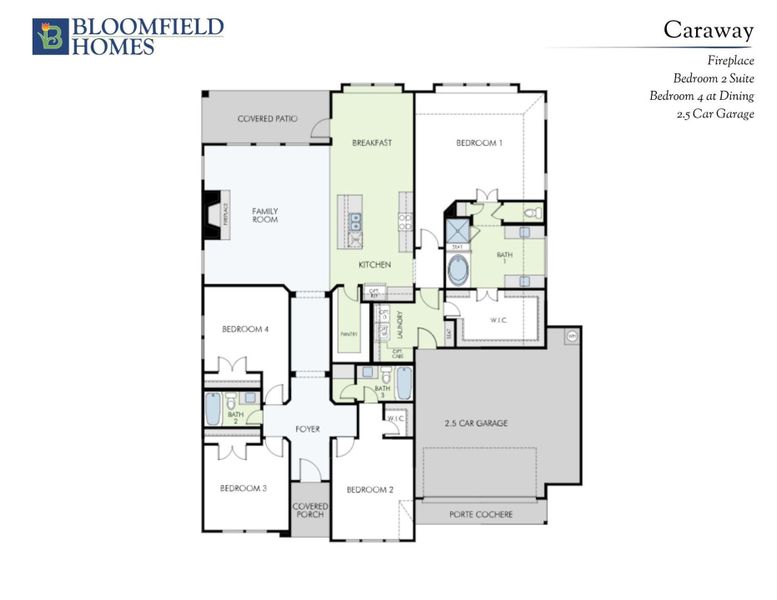 Bloomfield Homes Caraway floor plan with 4 bedrooms, kitchen, family room, and 2.5-car garage layout Bloomfield Homes Caraway floor plan with 4 bedrooms, kitchen, family room, and 2.5-car garage layout