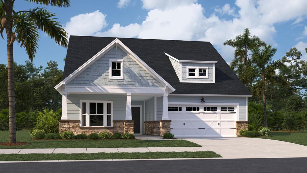 Front exterior of a new home in Horizons at Carnes Crossroads | 55+: Legends Collection, Summerville, SC, highlighting curb appeal (Image 1). Front exterior of a new home in Horizons at Carnes Crossroads | 55+: Legends Collection, Summerville, SC, highlighting curb appeal (Image 1).