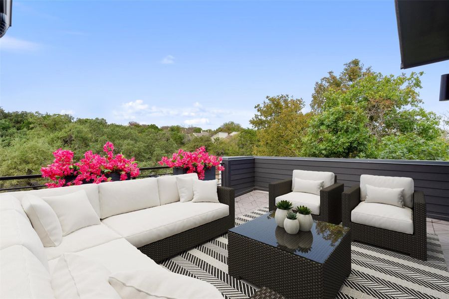Exterior details and patio area of a home in Spyglass, Austin (Image 20).