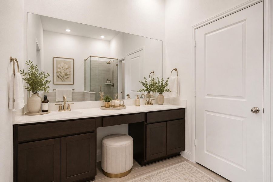 Experience contemporary elegance in this virtually staged bathroom, featuring a sleek double vanity, modern fixtures, and a spacious glass-enclosed shower.