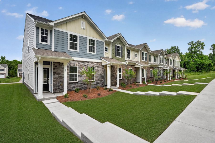 Front exterior of a new home in Cannon Village Townes, York, SC, highlighting curb appeal (Image 1). Front exterior of a new home in Cannon Village Townes, York, SC, highlighting curb appeal (Image 1).