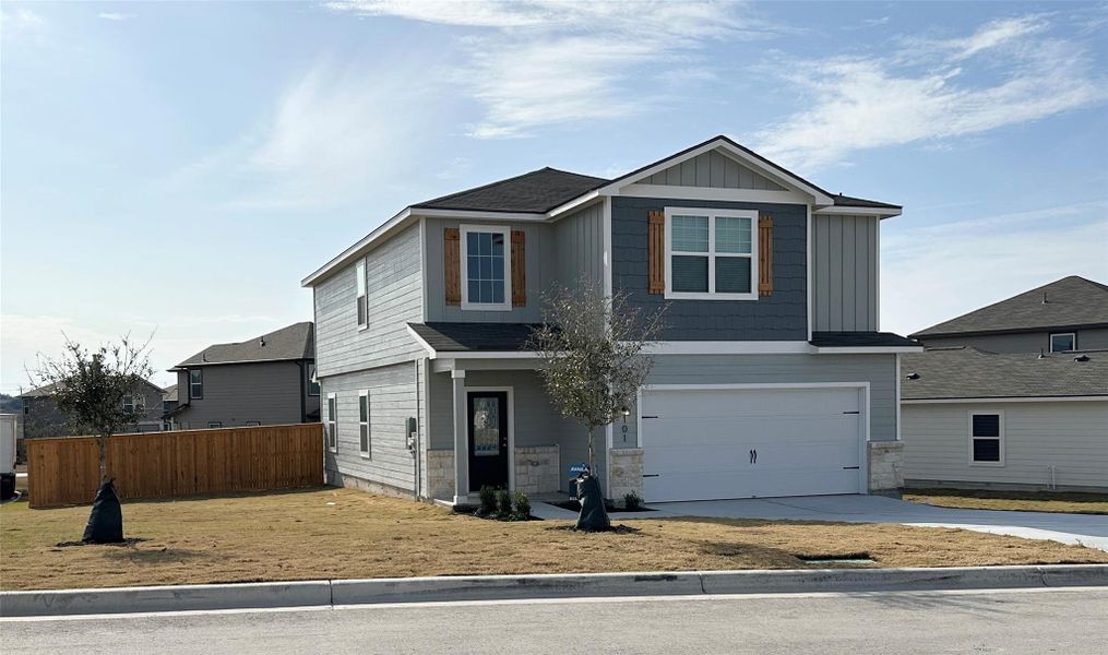 The two-story, five-bedroom Torres plan has it all! A covered front porch greets you and as you step inside, you instantly feel at “home”. Upgrades such as WI-Fi enabled garage door opener with ability to link to Amazon Key, programmable thermostat and blinds at game room window are just a few of the remarkable upgrades that come standard in this new construction home.