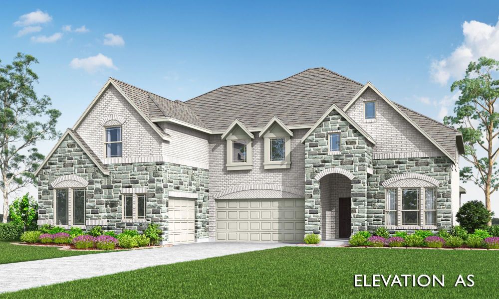 Two-story home with stone and brick exterior, three-car garage, arched entry, and landscaped front yard. Elevation AS rendering. Two-story home with stone and brick exterior, three-car garage, arched entry, and landscaped front yard. Elevation AS rendering.
