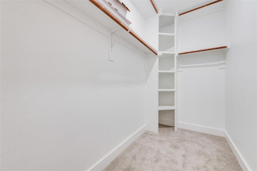 Spacious closet featuring light colored carpet