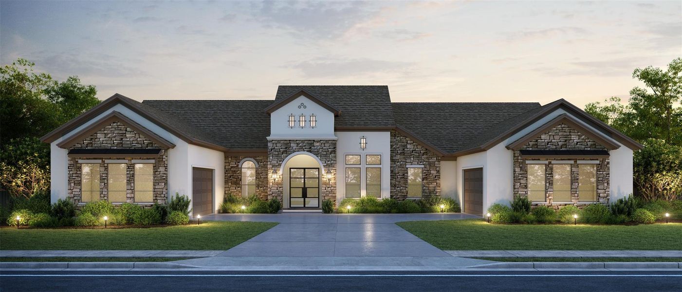 Front exterior of a new home in Weston Lakes, Fulshear, TX, highlighting curb appeal (Image 1). Front exterior of a new home in Weston Lakes, Fulshear, TX, highlighting curb appeal (Image 1).